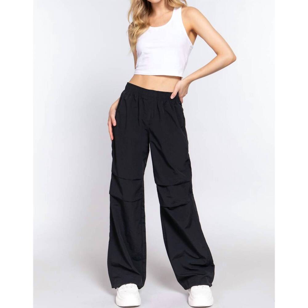 NEW ACTIVE BASIC elastice waist parachute pants in black